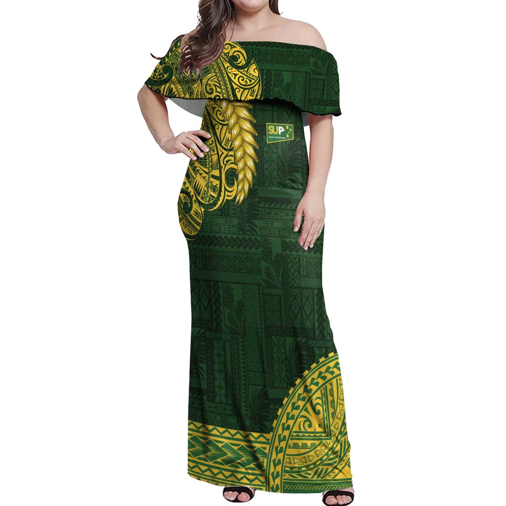 Samoa SUP Off Shoulder Maxi Dress Samoan Motif Patterns LT9 Women Green - Polynesian Pride