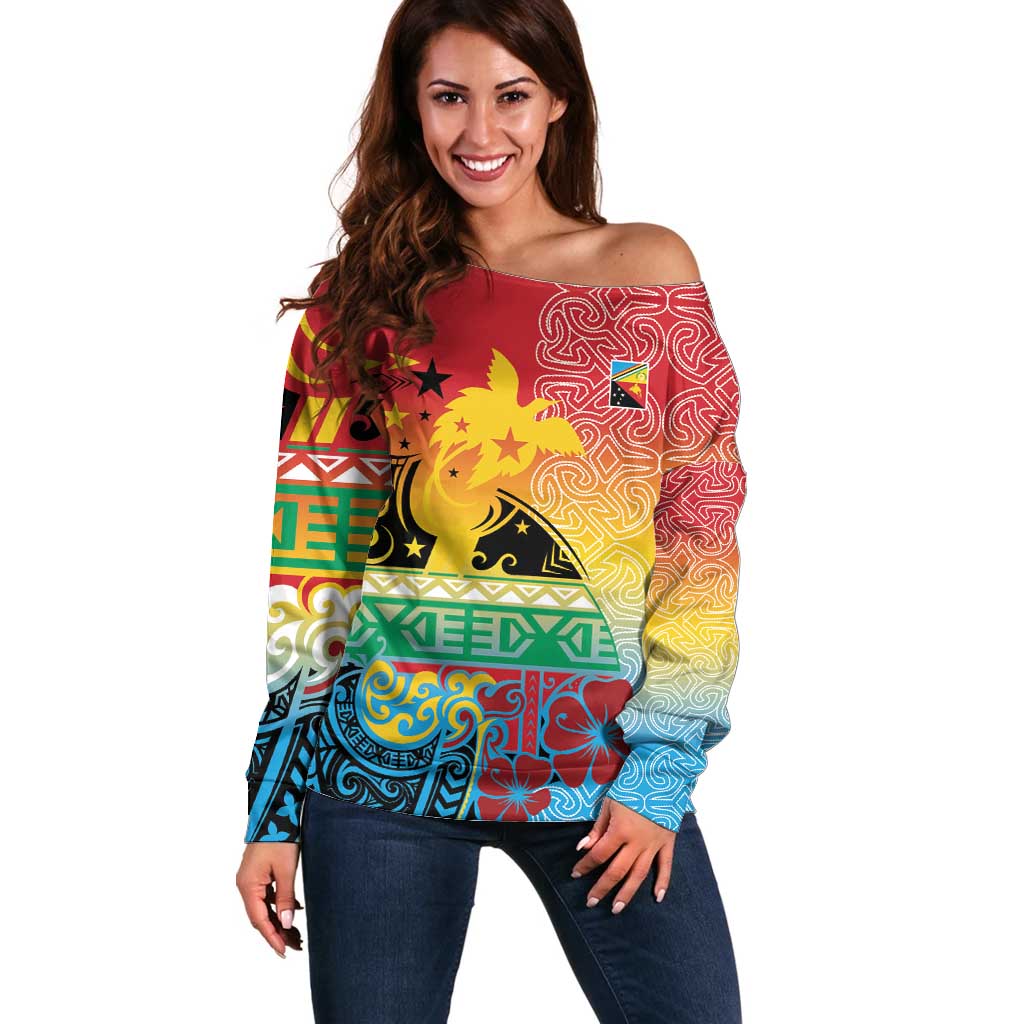 Personalised Torba PNG Day Off Shoulder Sweater Oro Tapa Pattern LT9 Women Green - Polynesian Pride