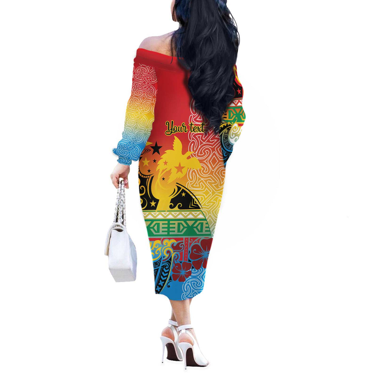 Personalised Torba PNG Day Off The Shoulder Long Sleeve Dress Oro Tapa Pattern LT9 - Polynesian Pride