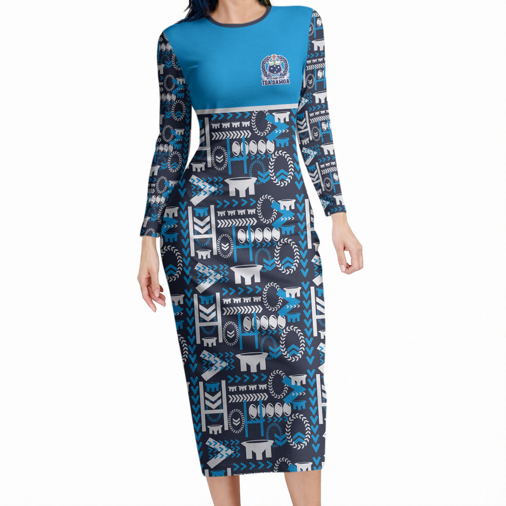 Samoan Warrior Island Heritage Long Sleeve Bodycon Dress Ocean Island Geometry Blue Style LT9 Long Dress Blue - Polynesian Pride
