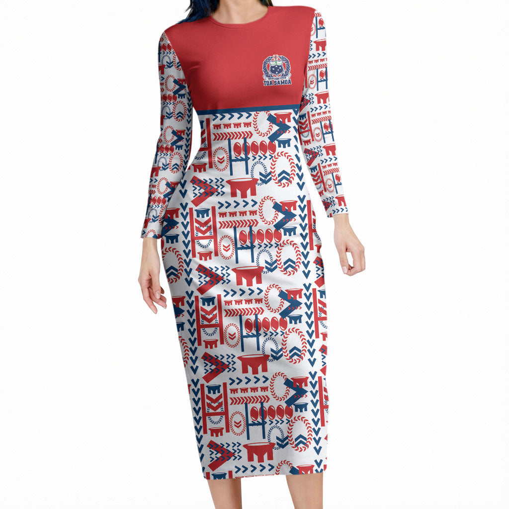 Samoan Warrior Island Heritage Long Sleeve Bodycon Dress Ocean Island Geometry Red Style LT9 Long Dress Red - Polynesian Pride