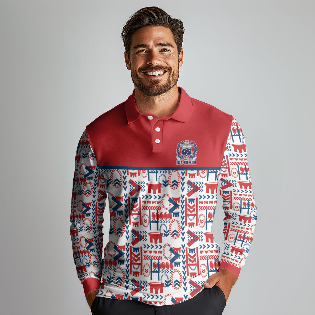 Samoan Warrior Island Heritage Long Sleeve Polo Shirt Ocean Island Geometry Red Style LT9 - Polynesian Pride