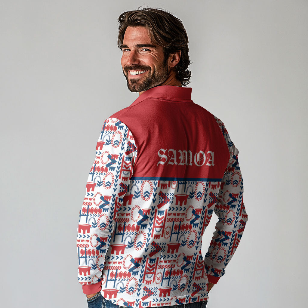 Samoan Warrior Island Heritage Long Sleeve Polo Shirt Ocean Island Geometry Red Style LT9 - Polynesian Pride