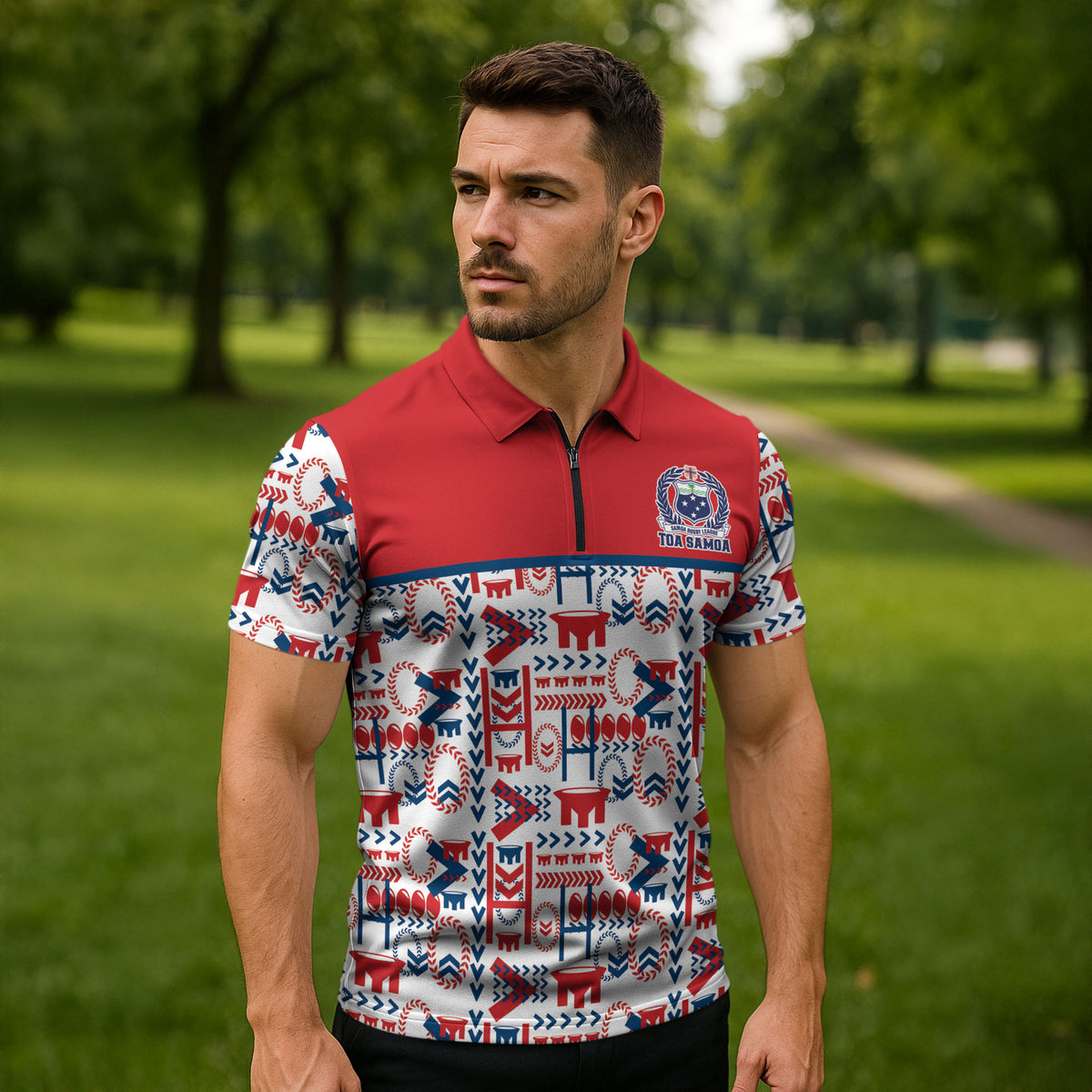 Samoan Warrior Island Heritage Zipper Polo Shirt Ocean Island Geometry Red Style LT9 - Polynesian Pride