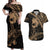 Ikaika Hawaiian Mythic Koa Tribal Warrior Couples Matching Off Shoulder Maxi Dress and Hawaiian Shirt