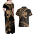 Ikaika Hawaiian Mythic Koa Tribal Warrior Couples Matching Off Shoulder Maxi Dress and Hawaiian Shirt