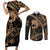 Ikaika Hawaiian Mythic Koa Tribal Warrior Couples Matching Short Sleeve Bodycon Dress and Long Sleeve Button Shirt