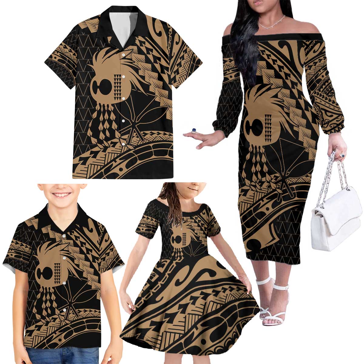 Ikaika Hawaiian Mythic Koa Tribal Warrior Family Matching Off The Shoulder Long Sleeve Dress and Hawaiian Shirt