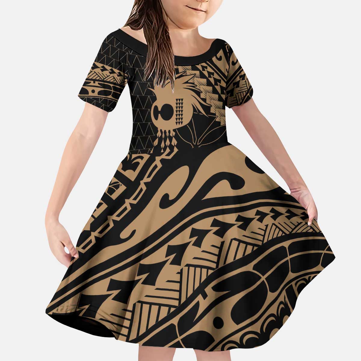Ikaika Hawaiian Mythic Koa Tribal Warrior Kid Short Sleeve Dress LT9 KID Gold - Polynesian Pride