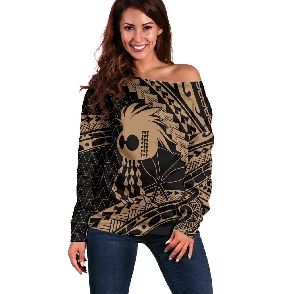 Ikaika Hawaiian Mythic Koa Tribal Warrior Off Shoulder Sweater LT9 Women Gold - Polynesian Pride