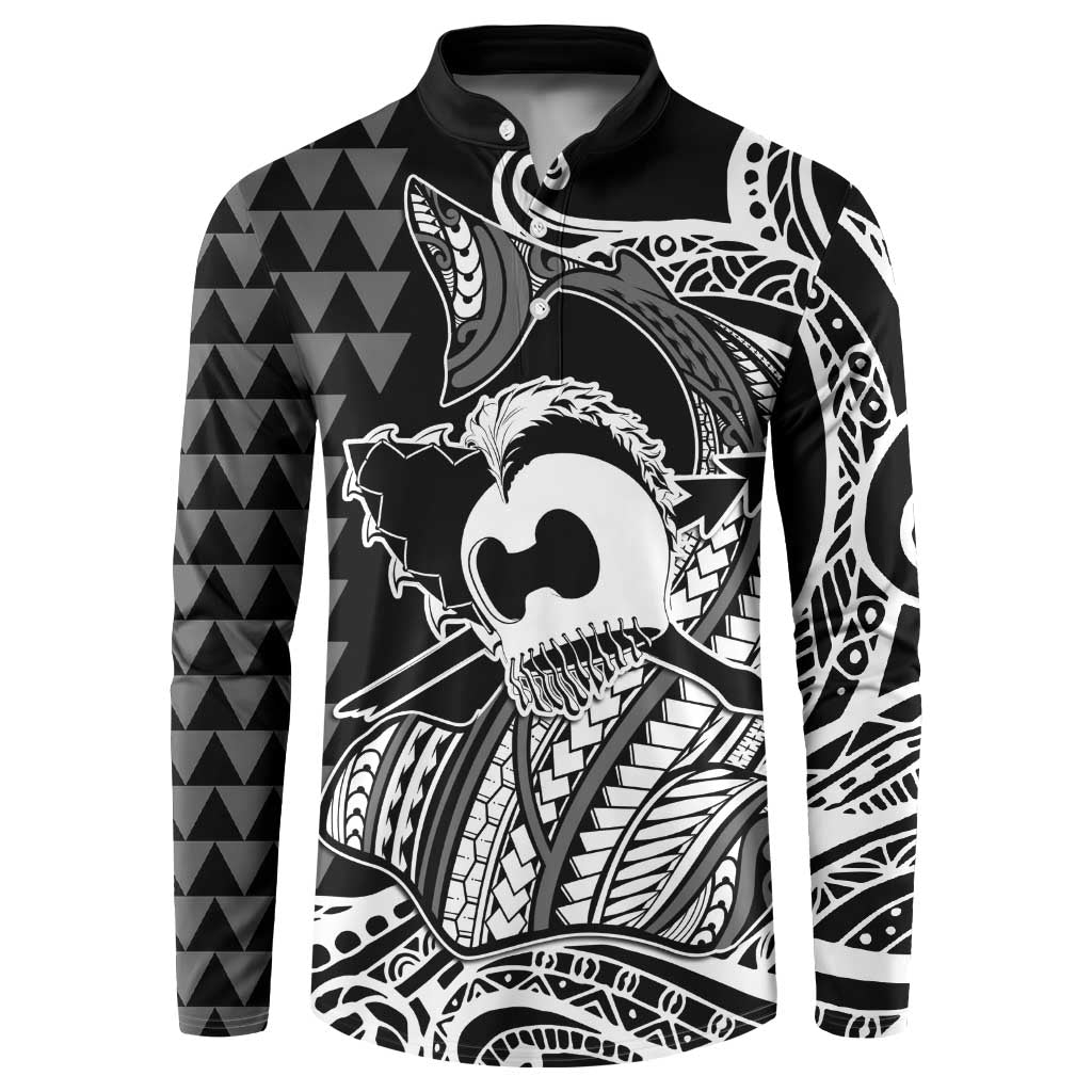 Koa Ikaika Warrior Helmet with Shark Button Sweatshirt Black Kakau Style LT9 Black - Polynesian Pride