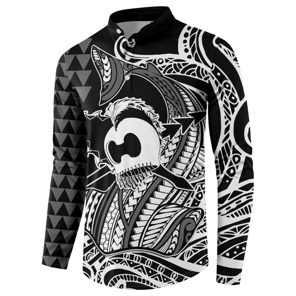 Koa Ikaika Warrior Helmet with Shark Button Sweatshirt Black Kakau Style LT9 - Polynesian Pride
