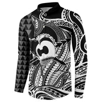 Koa Ikaika Warrior Helmet with Shark Button Sweatshirt Black Kakau Style LT9 - Polynesian Pride