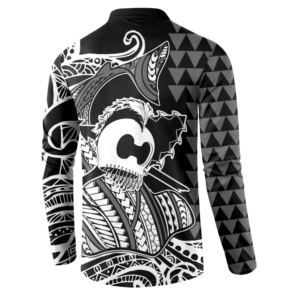 Koa Ikaika Warrior Helmet with Shark Button Sweatshirt Black Kakau Style LT9 - Polynesian Pride