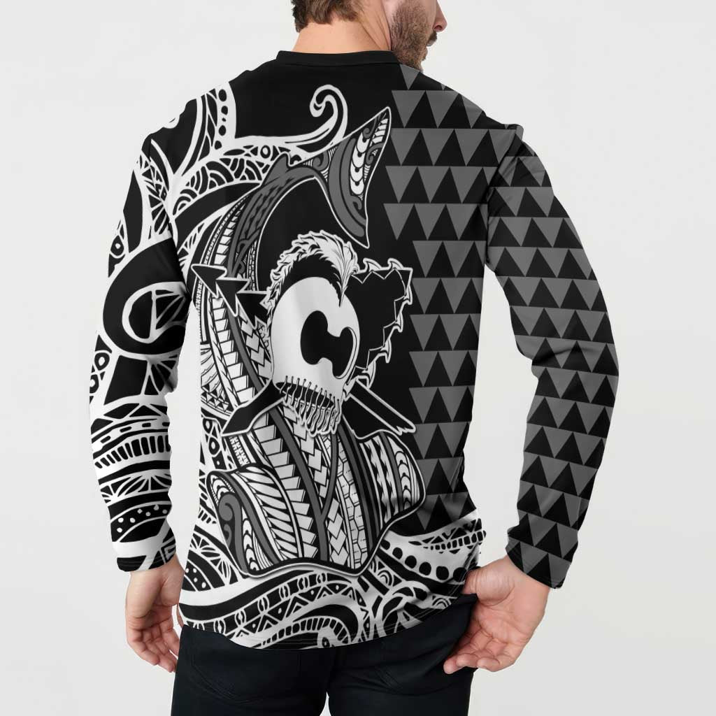 Koa Ikaika Warrior Helmet with Shark Button Sweatshirt Black Kakau Style LT9 - Polynesian Pride