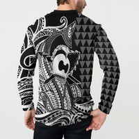 Koa Ikaika Warrior Helmet with Shark Button Sweatshirt Black Kakau Style LT9 - Polynesian Pride