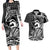 Koa Ikaika Warrior Helmet with Shark Couples Matching Long Sleeve Bodycon Dress and Hawaiian Shirt Black Kakau Style