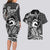 Koa Ikaika Warrior Helmet with Shark Couples Matching Long Sleeve Bodycon Dress and Hawaiian Shirt Black Kakau Style