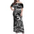 Koa Ikaika Warrior Helmet with Shark Family Matching Off Shoulder Maxi Dress and Hawaiian Shirt Black Kakau Style