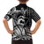 Koa Ikaika Warrior Helmet with Shark Family Matching Short Sleeve Bodycon Dress and Hawaiian Shirt Black Kakau Style