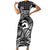 Koa Ikaika Warrior Helmet with Shark Family Matching Short Sleeve Bodycon Dress and Hawaiian Shirt Black Kakau Style