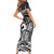 Koa Ikaika Warrior Helmet with Shark Family Matching Short Sleeve Bodycon Dress and Hawaiian Shirt Black Kakau Style