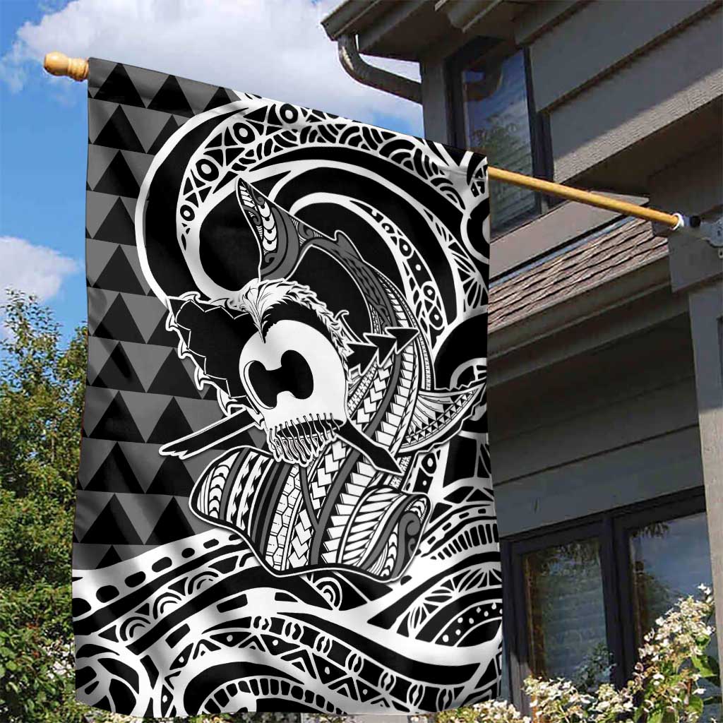 Koa Ikaika Warrior Helmet with Shark Garden Flag Black Kakau Style LT9 - Polynesian Pride