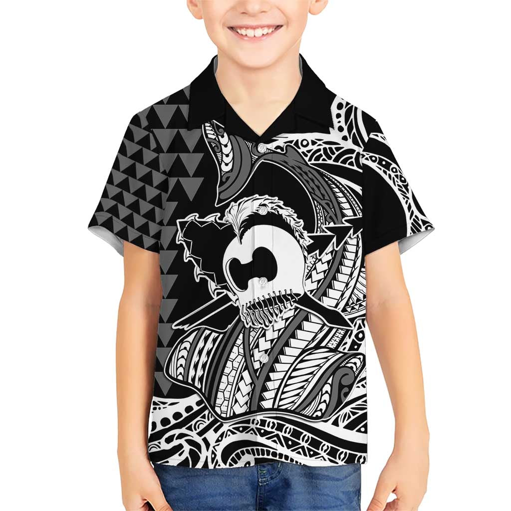 Koa Ikaika Warrior Helmet with Shark Kid Hawaiian Shirt Black Kakau Style LT9 Kid Black - Polynesian Pride