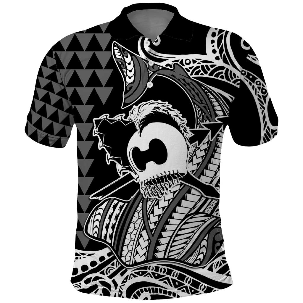 Koa Ikaika Warrior Helmet with Shark Polo Shirt Black Kakau Style LT9 Black - Polynesian Pride