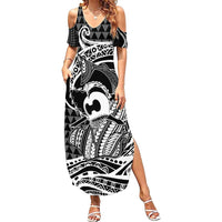 Koa Ikaika Warrior Helmet with Shark Summer Maxi Dress Black Kakau Style LT9 Women Black - Polynesian Pride