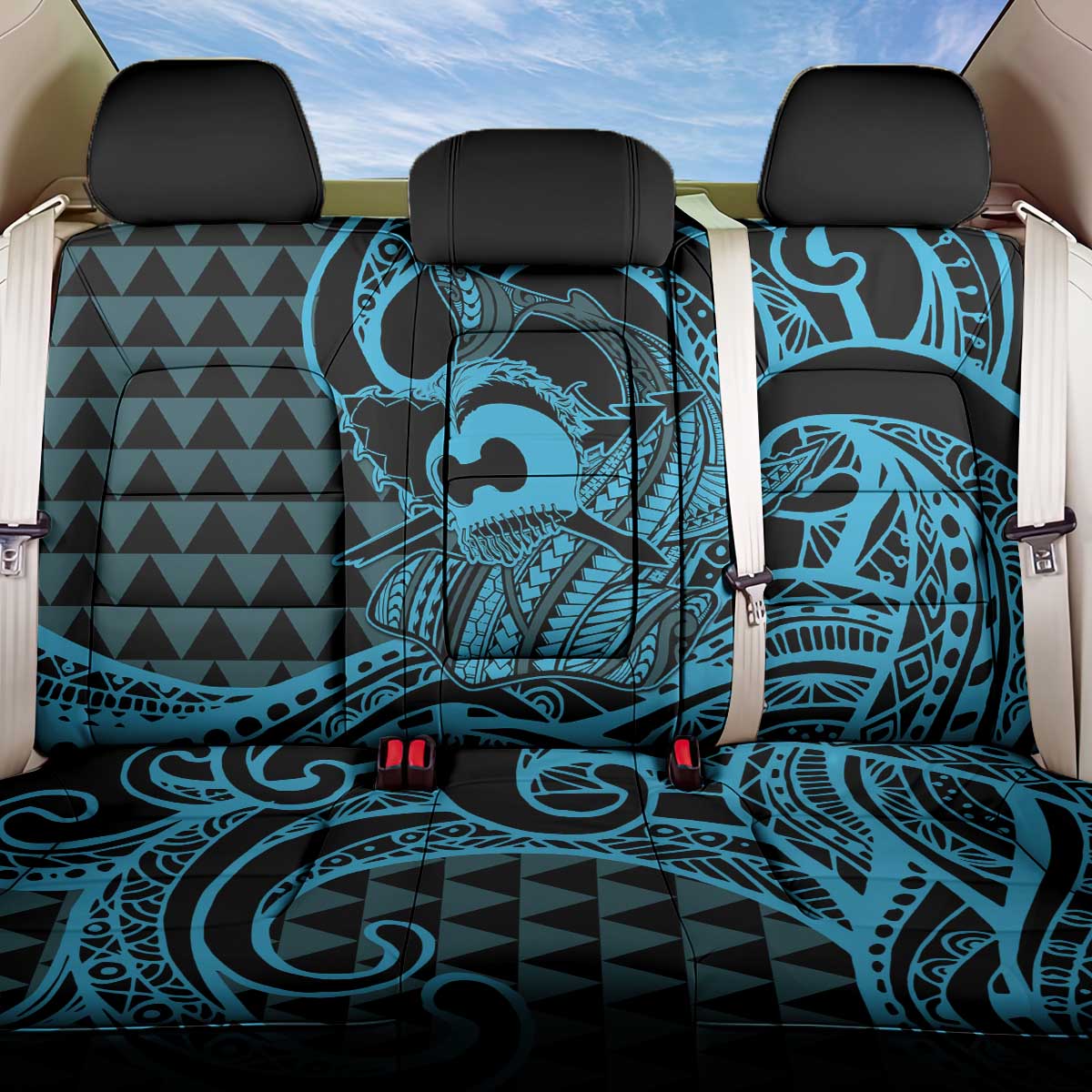Koa Ikaika Warrior Helmet with Shark Back Car Seat Cover Blue Kakau Style LT9 One Size Blue - Polynesian Pride