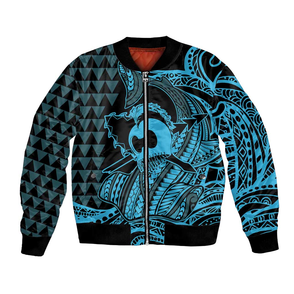Koa Ikaika Warrior Helmet with Shark Bomber Jacket Blue Kakau Style LT9 Unisex Blue - Polynesian Pride