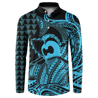 Koa Ikaika Warrior Helmet with Shark Button Sweatshirt Blue Kakau Style LT9 Blue - Polynesian Pride