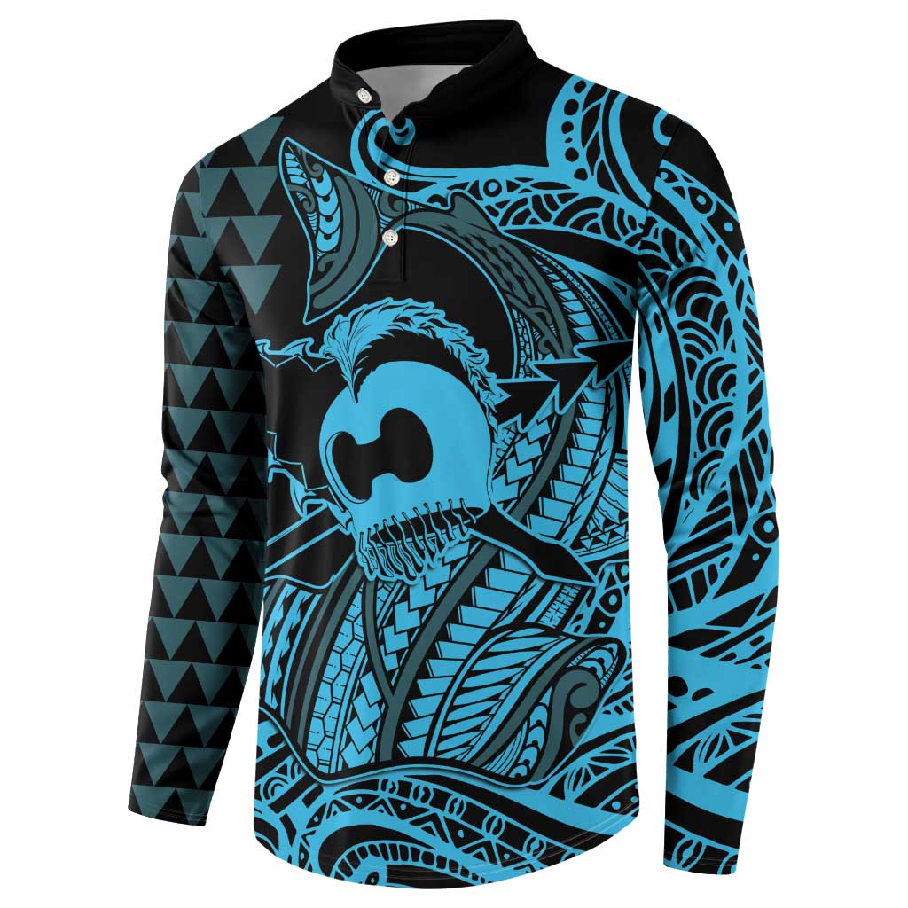 Koa Ikaika Warrior Helmet with Shark Button Sweatshirt Blue Kakau Style LT9 - Polynesian Pride