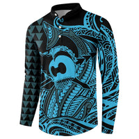 Koa Ikaika Warrior Helmet with Shark Button Sweatshirt Blue Kakau Style LT9 - Polynesian Pride