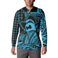 Koa Ikaika Warrior Helmet with Shark Button Sweatshirt Blue Kakau Style LT9 - Polynesian Pride