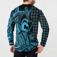 Koa Ikaika Warrior Helmet with Shark Button Sweatshirt Blue Kakau Style LT9 - Polynesian Pride