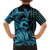 Koa Ikaika Warrior Helmet with Shark Family Matching Long Sleeve Bodycon Dress and Hawaiian Shirt Blue Kakau Style