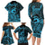 Koa Ikaika Warrior Helmet with Shark Family Matching Long Sleeve Bodycon Dress and Hawaiian Shirt Blue Kakau Style