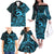 Koa Ikaika Warrior Helmet with Shark Family Matching Off The Shoulder Long Sleeve Dress and Hawaiian Shirt Blue Kakau Style