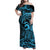 Koa Ikaika Warrior Helmet with Shark Family Matching Off Shoulder Maxi Dress and Hawaiian Shirt Blue Kakau Style