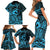 Koa Ikaika Warrior Helmet with Shark Family Matching Short Sleeve Bodycon Dress and Hawaiian Shirt Blue Kakau Style