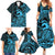 Koa Ikaika Warrior Helmet with Shark Family Matching Summer Maxi Dress and Hawaiian Shirt Blue Kakau Style