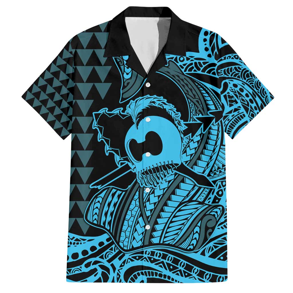 Koa Ikaika Warrior Helmet with Shark Hawaiian Shirt Blue Kakau Style LT9 Blue - Polynesian Pride