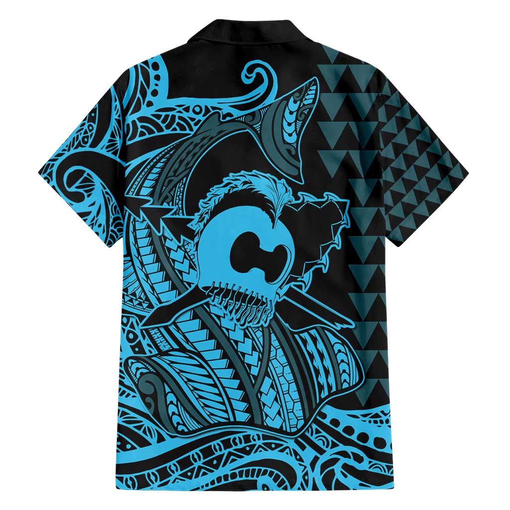 Koa Ikaika Warrior Helmet with Shark Hawaiian Shirt Blue Kakau Style LT9 - Polynesian Pride