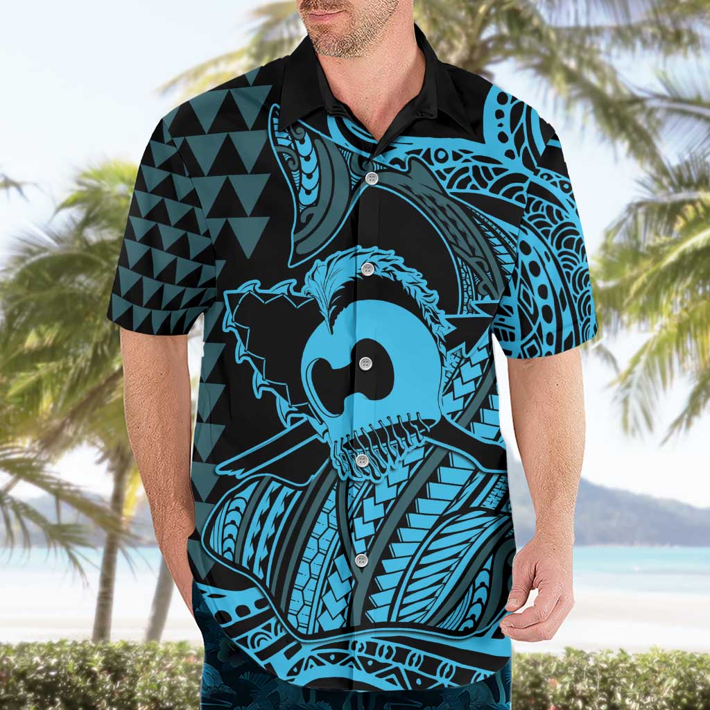 Koa Ikaika Warrior Helmet with Shark Hawaiian Shirt Blue Kakau Style LT9 - Polynesian Pride