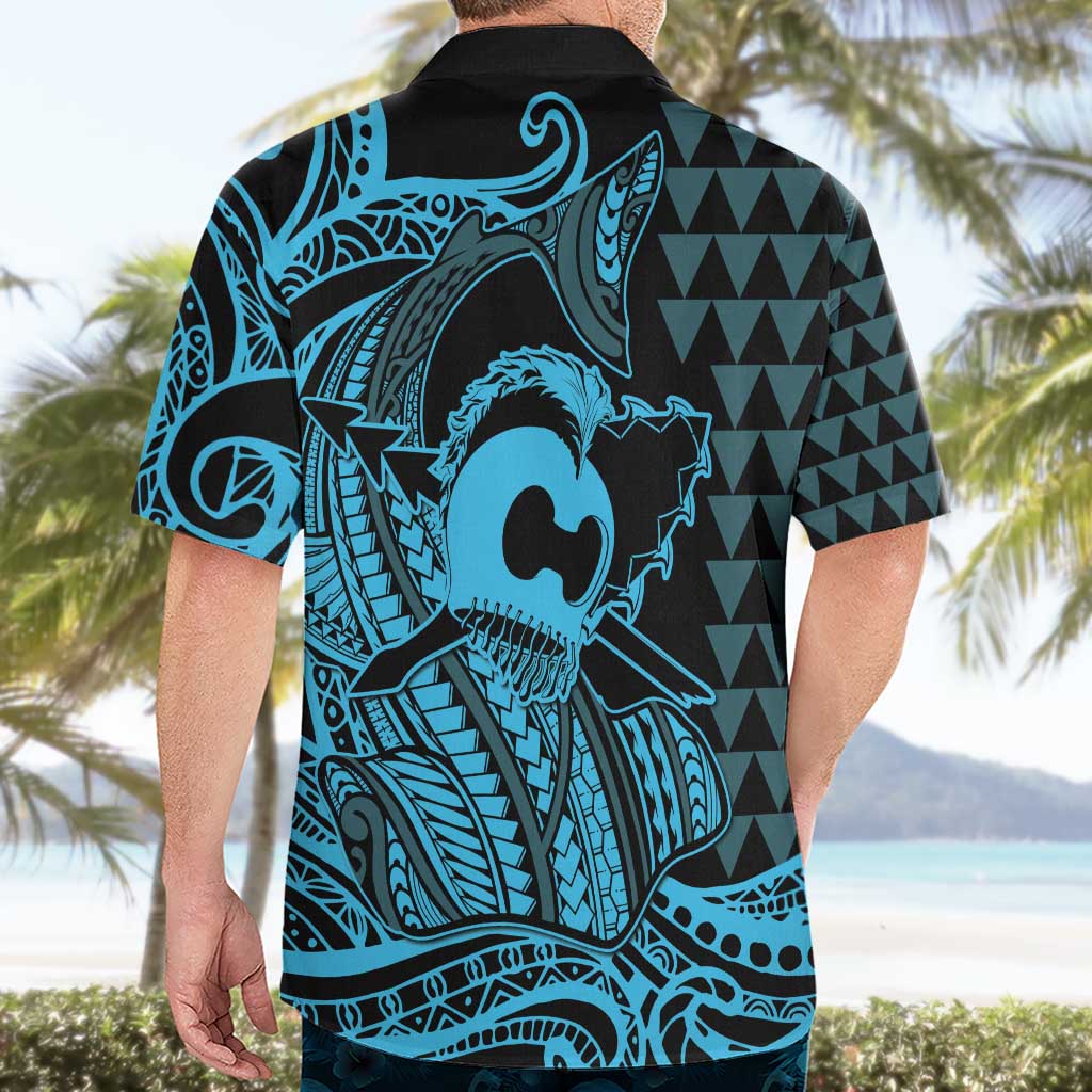 Koa Ikaika Warrior Helmet with Shark Hawaiian Shirt Blue Kakau Style LT9 - Polynesian Pride