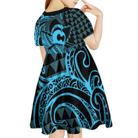 Koa Ikaika Warrior Helmet with Shark Kid Short Sleeve Dress Blue Kakau Style LT9 - Polynesian Pride