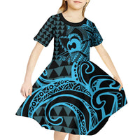 Koa Ikaika Warrior Helmet with Shark Kid Short Sleeve Dress Blue Kakau Style LT9 - Polynesian Pride