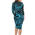 Koa Ikaika Warrior Helmet with Shark Long Sleeve Bodycon Dress Blue Kakau Style